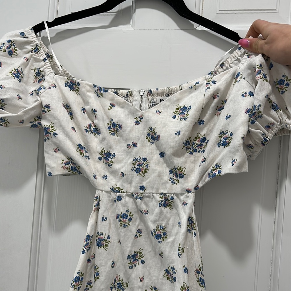 Reformation Mini Linen Dress with puff sleeves, cut outs and open back